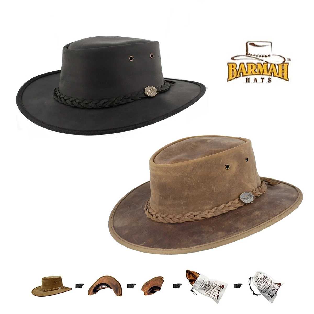 Barmah Foldaway Aussie Bronce Leather Outback Bush Hat With Travel Bag  (1060)