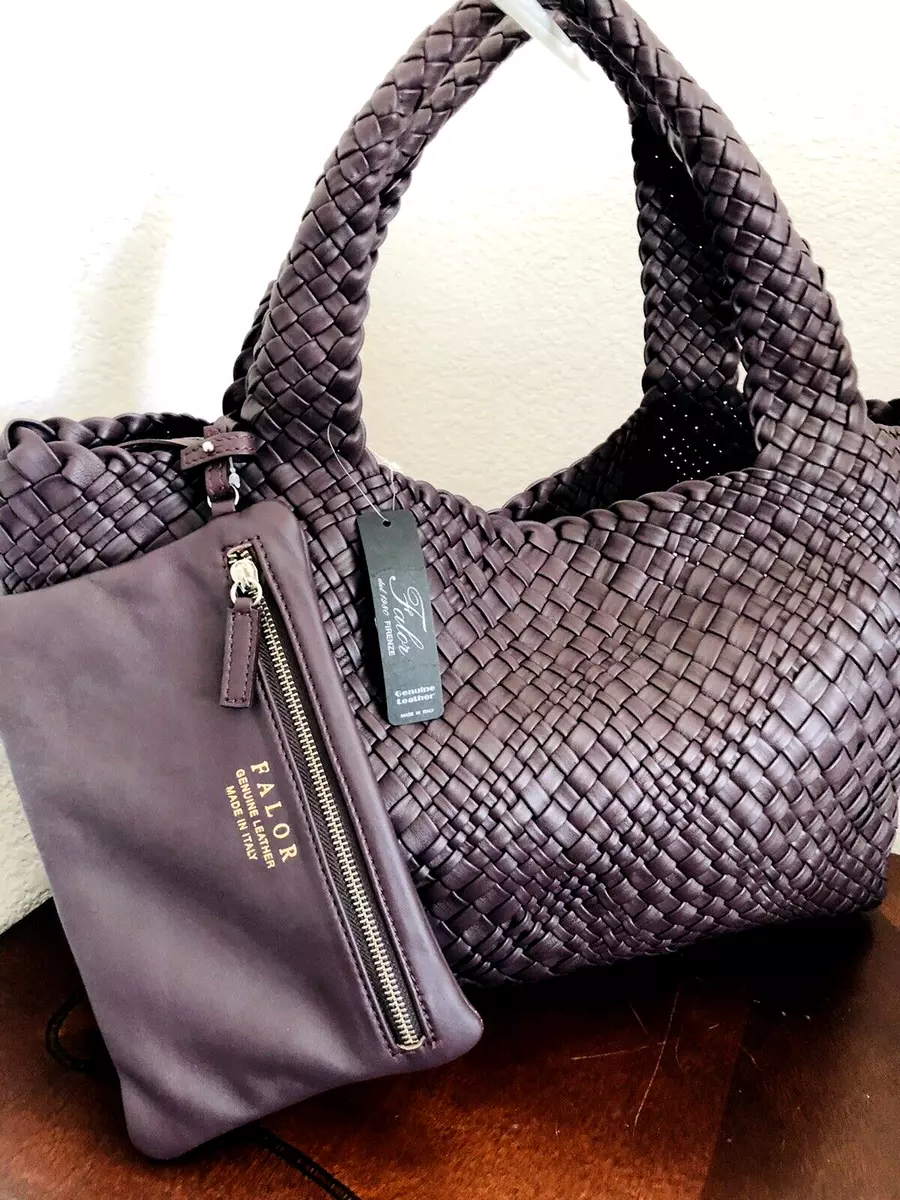 FALOR Firenze Hand Woven Italian Leather Large Tote Bag & Pouch Dark Purple  New