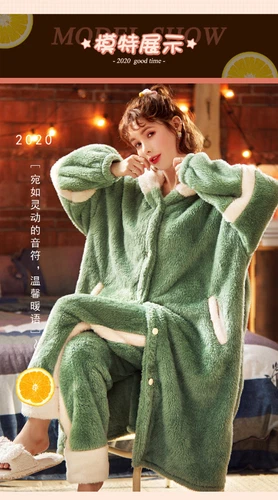 Accappatoio donna autunno inverno spesso con cappuccio dolce flanella vestaglia abito lungo pile - Foto 21 di 31
