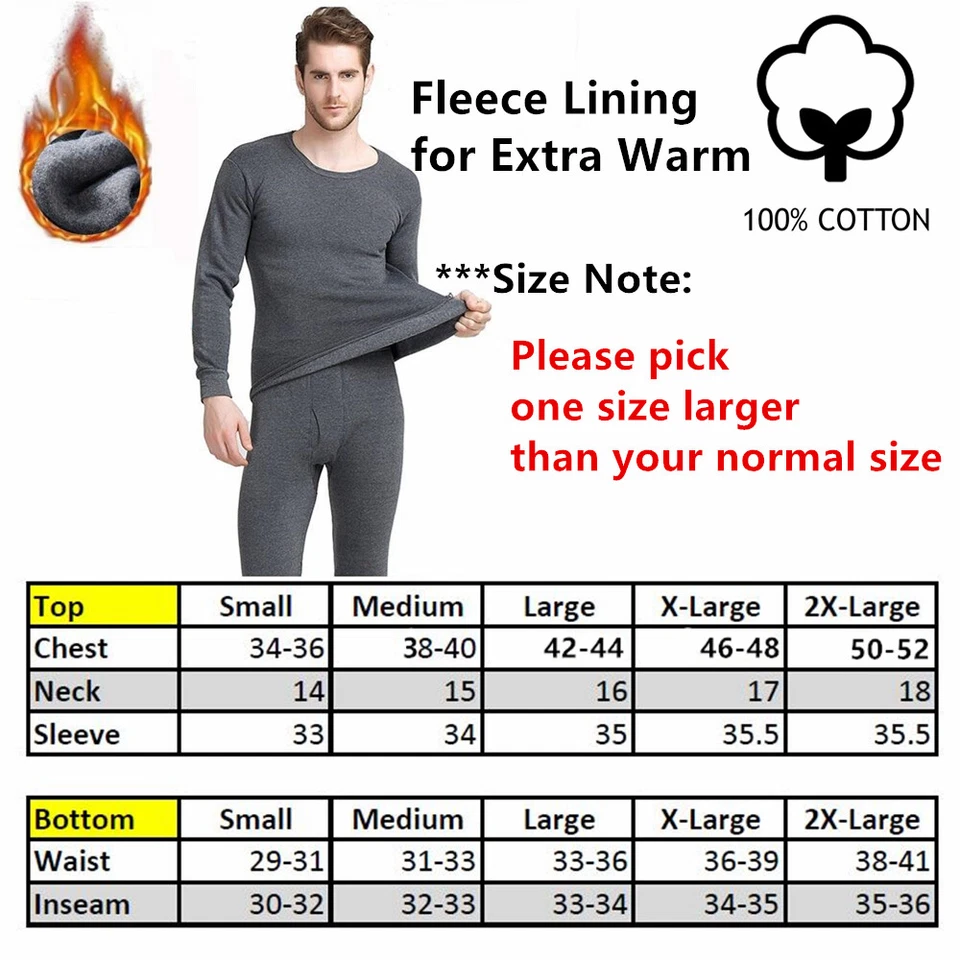 Men Winter Fleece Lined 100% Cotton Thermal Long Johns Top Bottom Underwear Set - Image 2 of 4