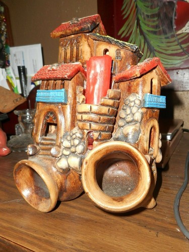 SPANISH STYLE CANDLE HOLDER/PLANTER/GNOME HOME/W OPEN WINDOWS/CLAY POTS/UNIQUE - Picture 7 of 12