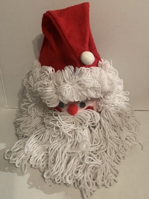 Vintage Santa Head Wall Decoration 23'' Handmade Yarn And Felt