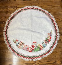 Christmas Tree Skirt Vtg White Felt Table Cover Santa Elves Toys Uncut Prop