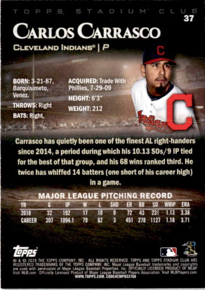 2019 Topps Stadium Club Red Foil #37 CARLOS CARRASCO Cleveland Indians - Image 2 of 2