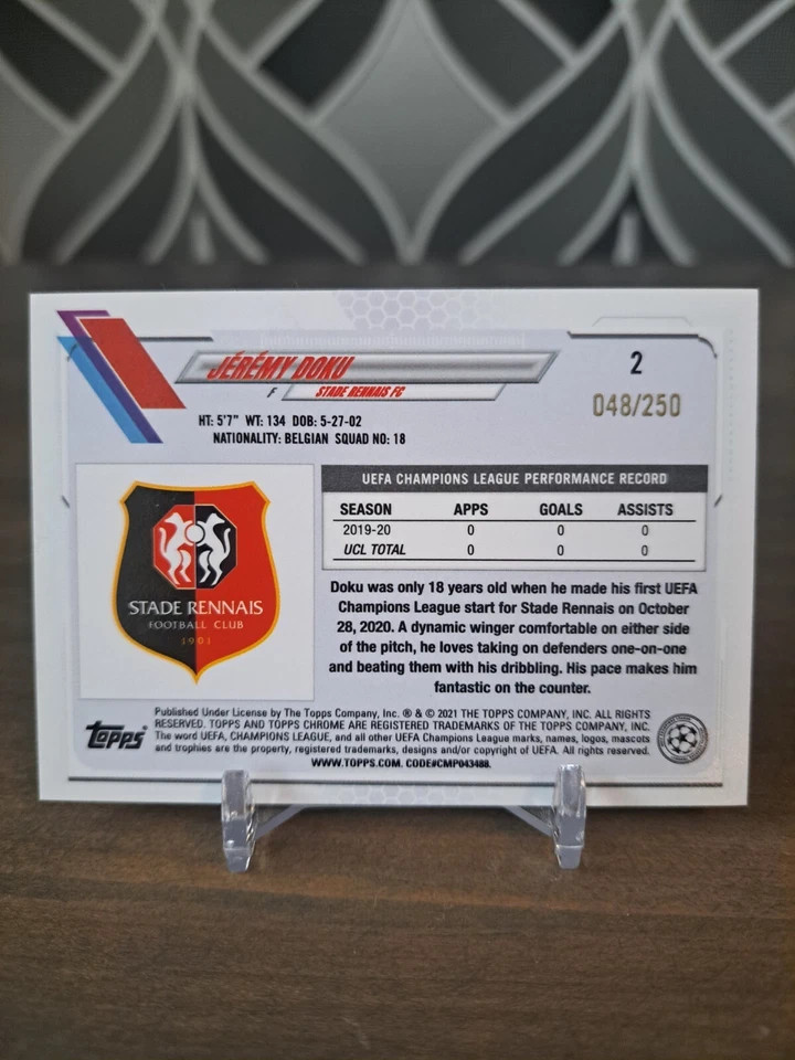 Jeremy Doku Rookie 2020-21 Topps Chrome 2 PURPLE REFRACTOR /250 Man City Belgium - Image 2 of 2