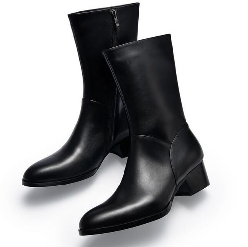 de pour mollet cuir Chaussures Zipper Velours Bottes Casual cheville mi en Talons homme g6bfY7yv