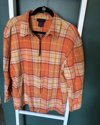 Denim & Co. Large Orange Plaid Flannel 1/2 Zip Collared Pullover Long Sleeve