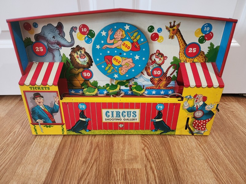 Vintage Circus Shooting Gallery Ohio Art Tin Litho Mechanical Toy Win Game