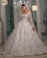 Off shoulder square neck wedding dress long sleeved A-line lace bridal gown