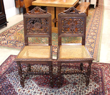 Set of 2 French Antique Renaissance Oak Dining Chairs w/ Cane Seats