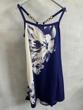 Navy White Floral Sleeveless Sundress Knee Length Chain Zipper Women's Dress