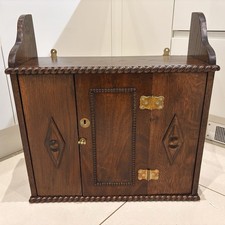 Arts & Crafts Oak Wall Cupboard With Brass Fittings & Carved Detailing