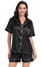 Women's Satin Pajama Set Silk Pjs Button Down Pajamas Short Sleeve Sleepwear ...