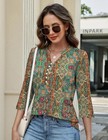 Boho Floral Blouse Women 3/4 Sleeve Pearl Button Spring Summer Casual Top