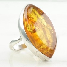 European Amber Orange Large Sterling Silver Ring Size 9