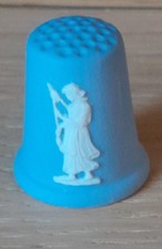 Vintage Wedgwood Blue Jasperware thimble featuring the "Spinner"