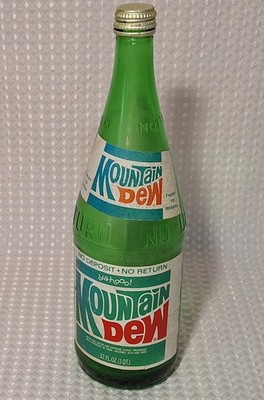 Vintage Ya-hooo! Mountain Dew 32oz 1Qt Glass Bottle Paper Label No Deposit Rare