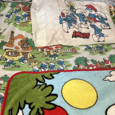 Vintage 80 s Peto SMURF Village 3 Piece Set Sheet Pillowcase Twin Bedding