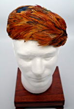Pheasant Feather Pillbox Hat, by Pasadena Hats - c.1955 Brilliant Colors 