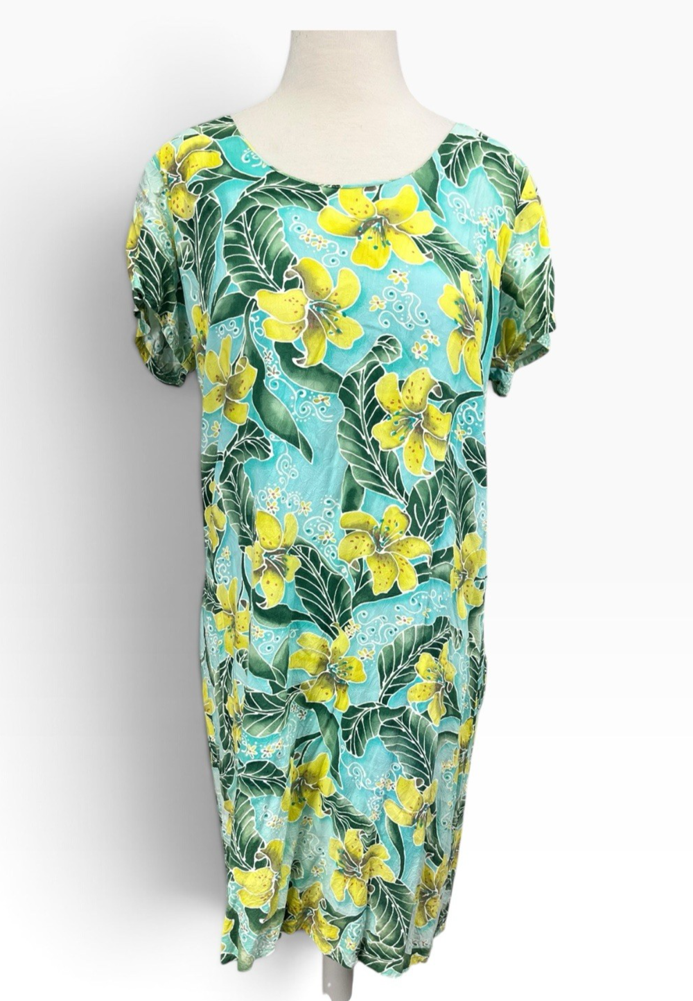Jams World Hula Moon Tigrus Dress Large Blue Floral Green Cap Sleeve Hibiscus