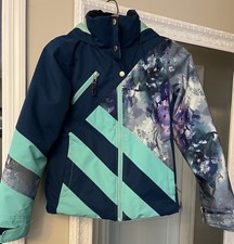 Obermeyer Girls Meghan Ski Jacket Size M 10/12 Teal Chevron Floral Waterproof