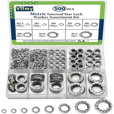 Internal Tooth Star Lock Washers Assortment Kit(500 Pack), M2.5 M3 M4 M5 M6 M8 M