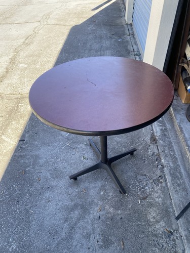 Restaurant Brown Laminate Table W/ Bumper Edge 32” Dia. 30” Tall W/ Metal Stand