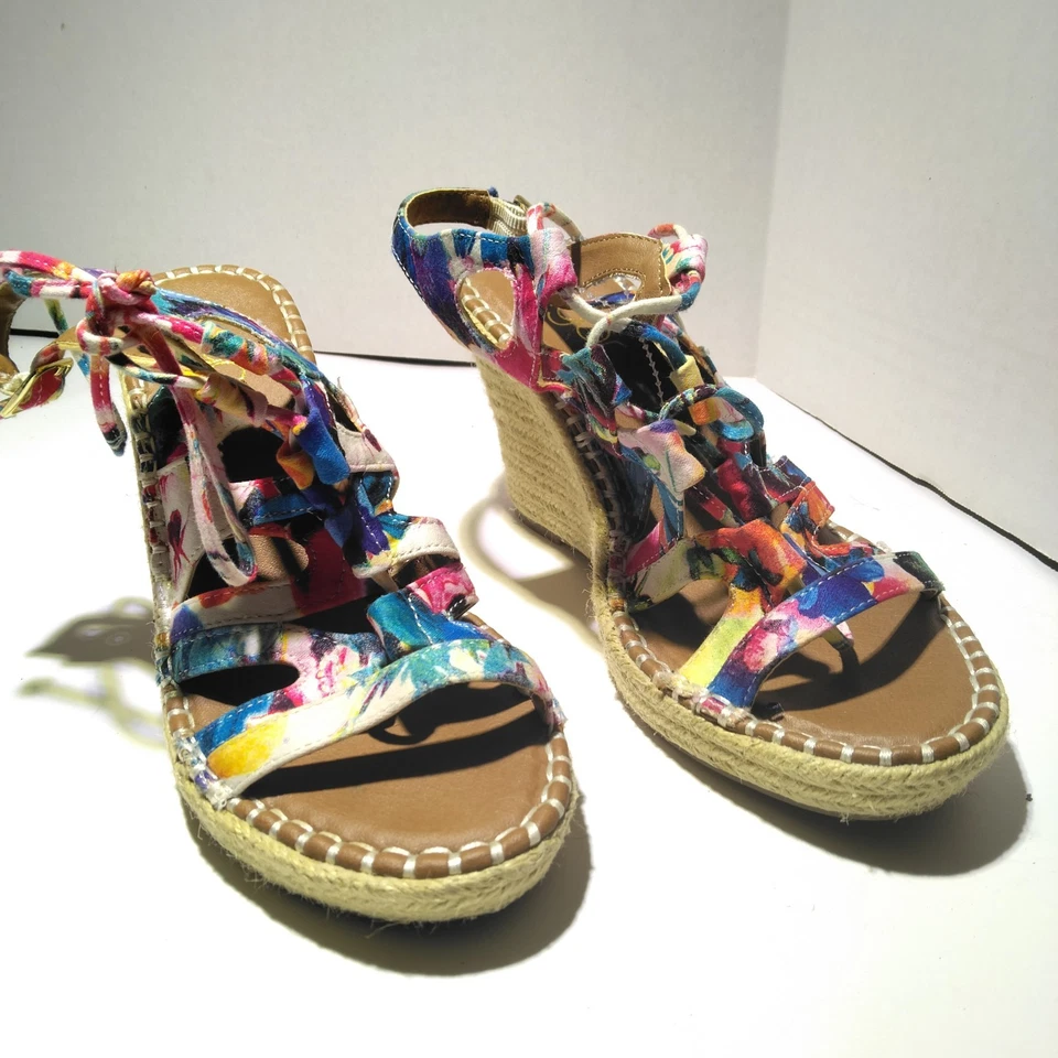 Zapato Alpargata Sugar Hunnies Floral Lona Tirantes Yute Cuña Talla 7 M Foto 3 de 4