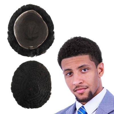 Mens Toupee Human Hair Afro Curl 8mm Full Lace Wig for Men Black Hair System #1B