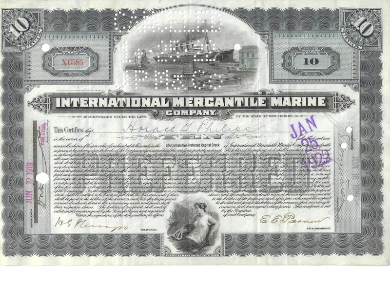 INCREDIBLE, ORIGINAL 1922 STOCK CERTIFICATE CONNECTED TO THE TITANIC DISASTER