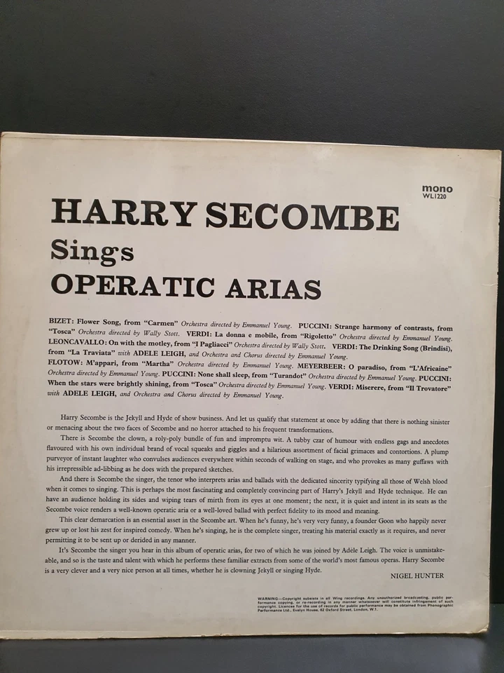 Harry Secombe - Operatic Arias - LP/Vinyl - Wing Records – WL1220 - UK - 1969 Foto 2 de 4