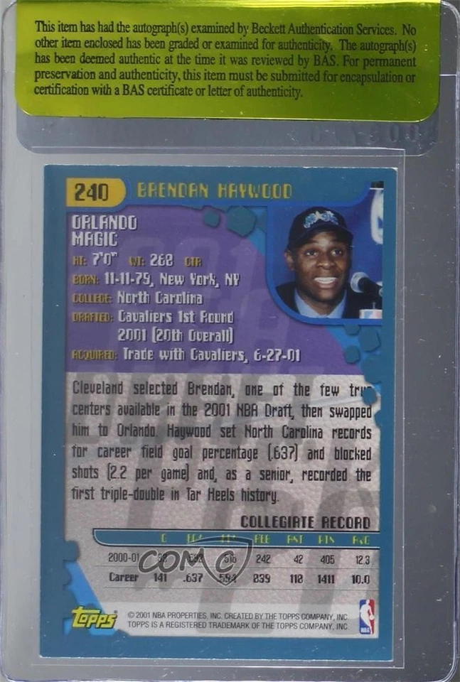 BAS 2001-02 Topps Draft Pick Brendan Haywood #240 Authentic Auto Rookie RC - Image 2 of 2