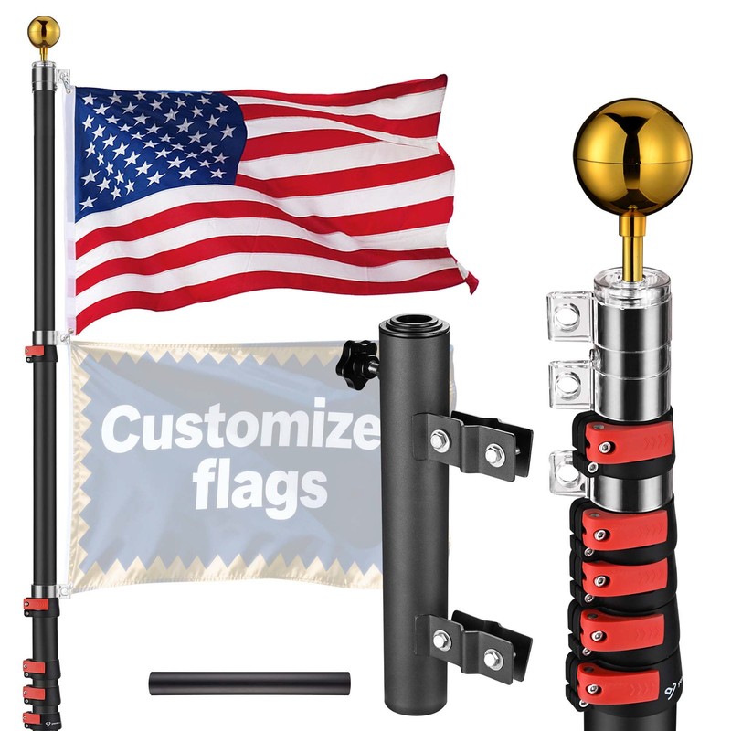 Yescom EZ GO 20FT RV Flag Pole Kit, Telescoping Black Flag Pole w/ Ladder Mount