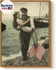 Vintage Mermaid Fisherman Wall Art 12X16 Framed Canvas Print, Retro Whimsical Oc