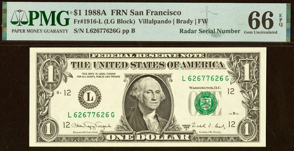 7 Matching Radar Serial Numbers - 1974, 1988A, 1993 $1 FRN PMG 67EPQ 62677626 - Image 4 of 4