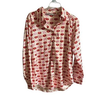 MARELLA / lip print pajama style button down pink  Silk Blouse Size 42 Medium