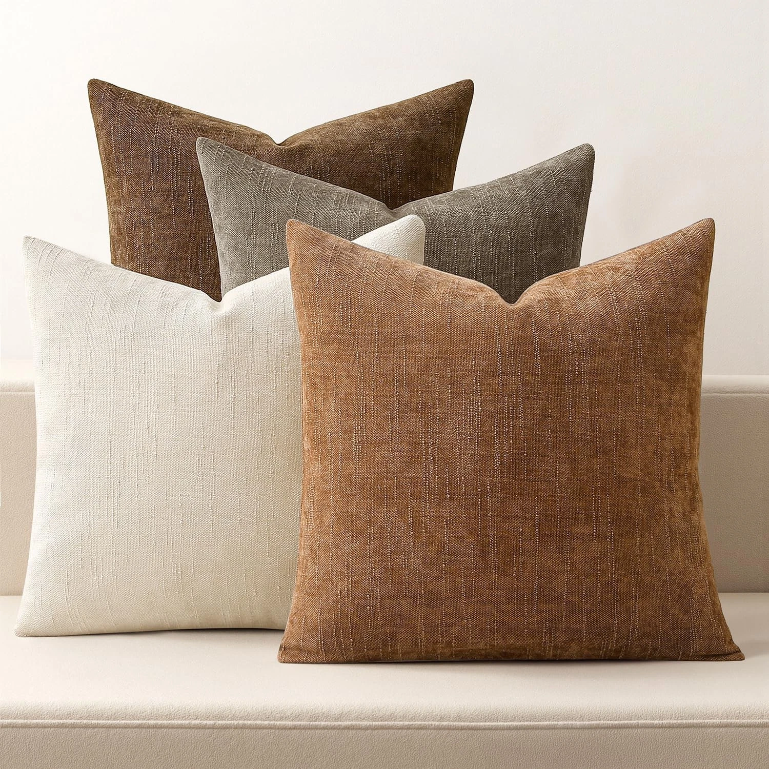 Pack of 4 Decorative Throw Pillow Covers 18x18 Inch Brown Chenille Textured T...