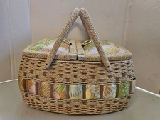 Vintage Sewing Basket 70's Groovy/ Hippy Floral Pattern Double Handles JAPAN