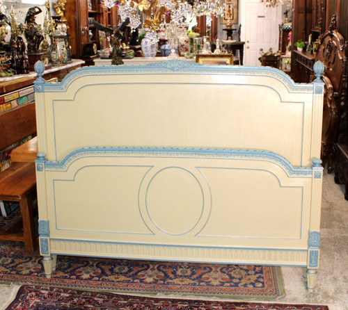 French Antique Louis XVI Painted Frame Light Green & Blue Queen Size Bed