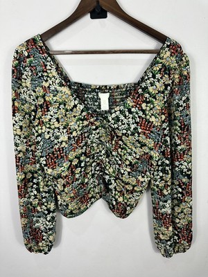 H&M Crop Top Womens Medium Black Ditsy Floral Dark Cottage Fairy Boho Romantic