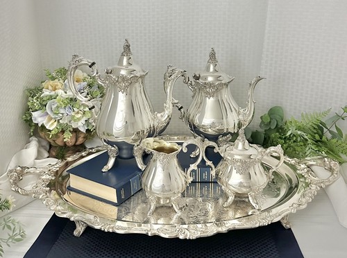 Wallace Silver Baroque Silver Plate Tea and Coffee Service Set Footed Tray 5 pcs - Picture 3 of 12