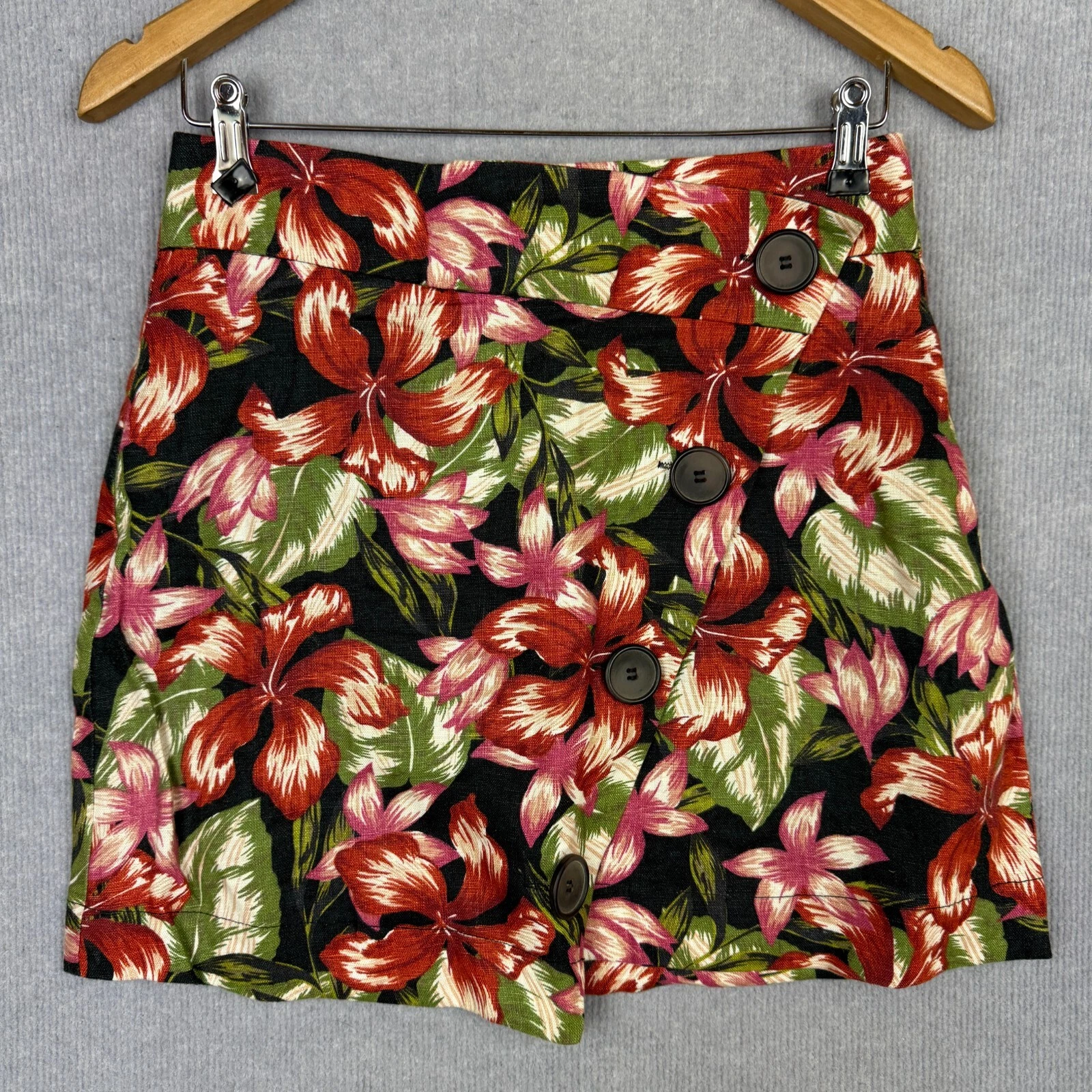 Country Road Skirt Womens 6 Red Green Floral Pure Linen Wrap Mini Button Up