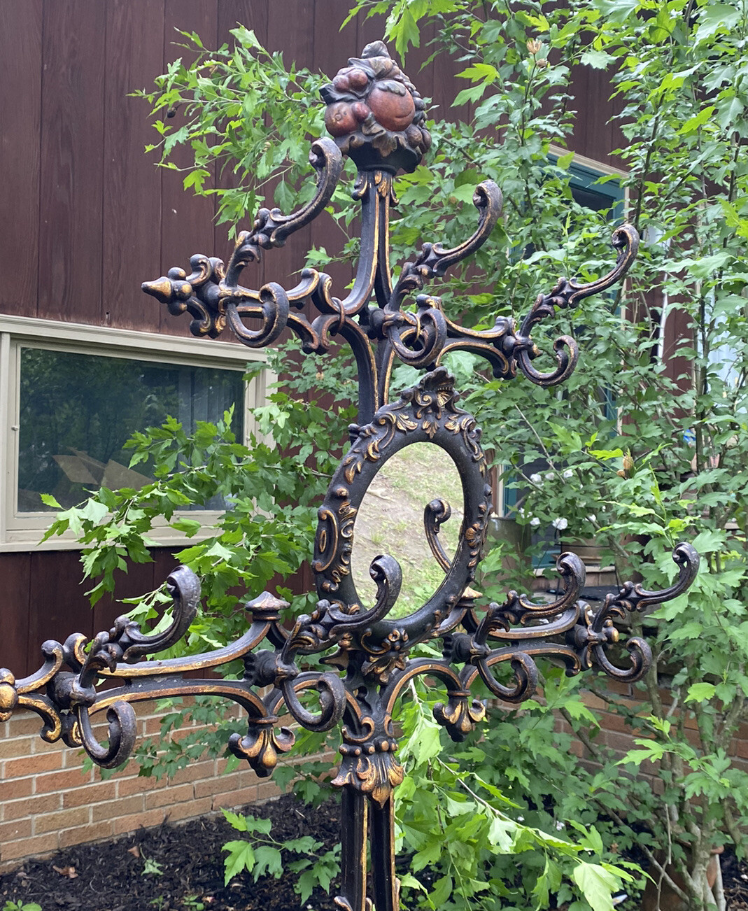 Antique Victorian 1850s Cast Iron Hall Tree Gilt Polychrm Plant Stand