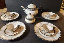 MITTERTEICH BAVARIA TEA SERVICE FOR 4 ELEGANT SILVER/BLUE PATTERN 1930s VINTAGE 