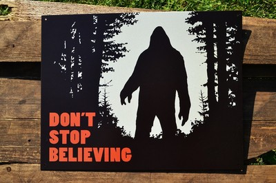 Don't Stop Believing Tin Metal Sign - Sasquatch - Finding Bigfoot - Skunk Ape