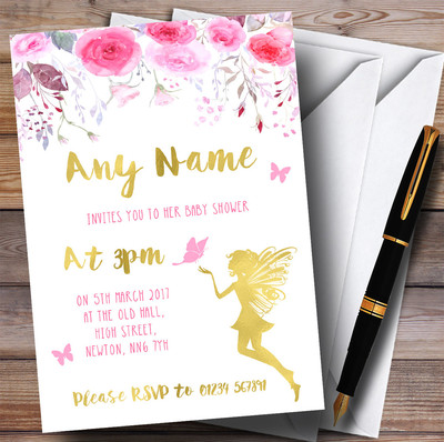Aquarell Rosa Gold Blumen Fee Einladungen Babyparty Einladungen