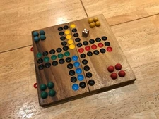 Vintage Hand Made Wood Solitaire Board Game Set, Natural Marbles, Dice, Folds