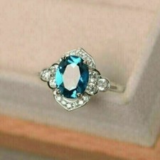 3Ct Oval Lab-Created London Blue Topaz Halo Ring 14K White Gold Plated