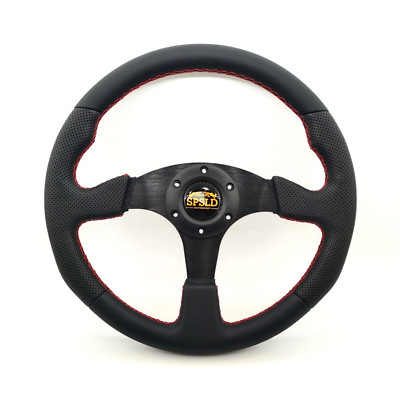 350mm SPSLD Black Leather Flat Racing Steering Wheel Red Stitch Fit MOMO OMP hub