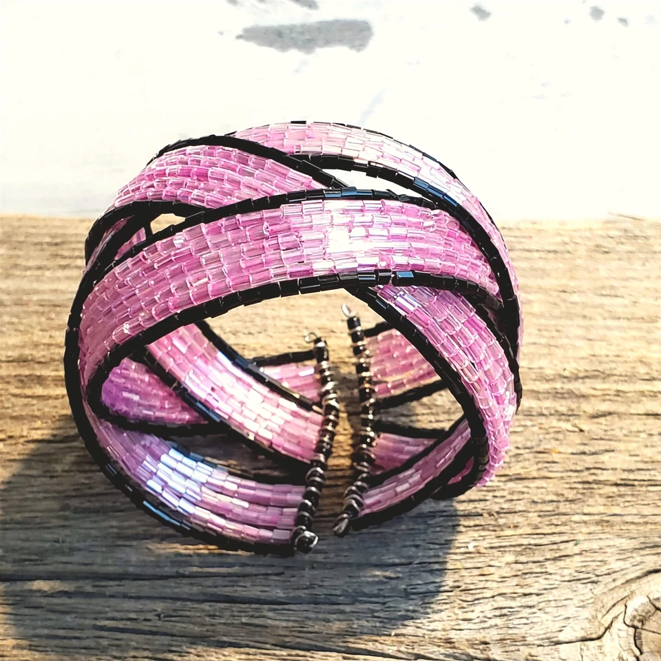Pink Black Vintage Y2K 90s Striped Pretzel Memory Wire Cuff Bracelet Barbie Core - Image 4 of 4